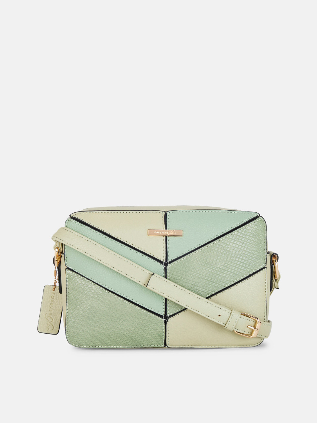 

Forever Glam by Pantaloons Green Colourblocked Leather Structured Sling Bag