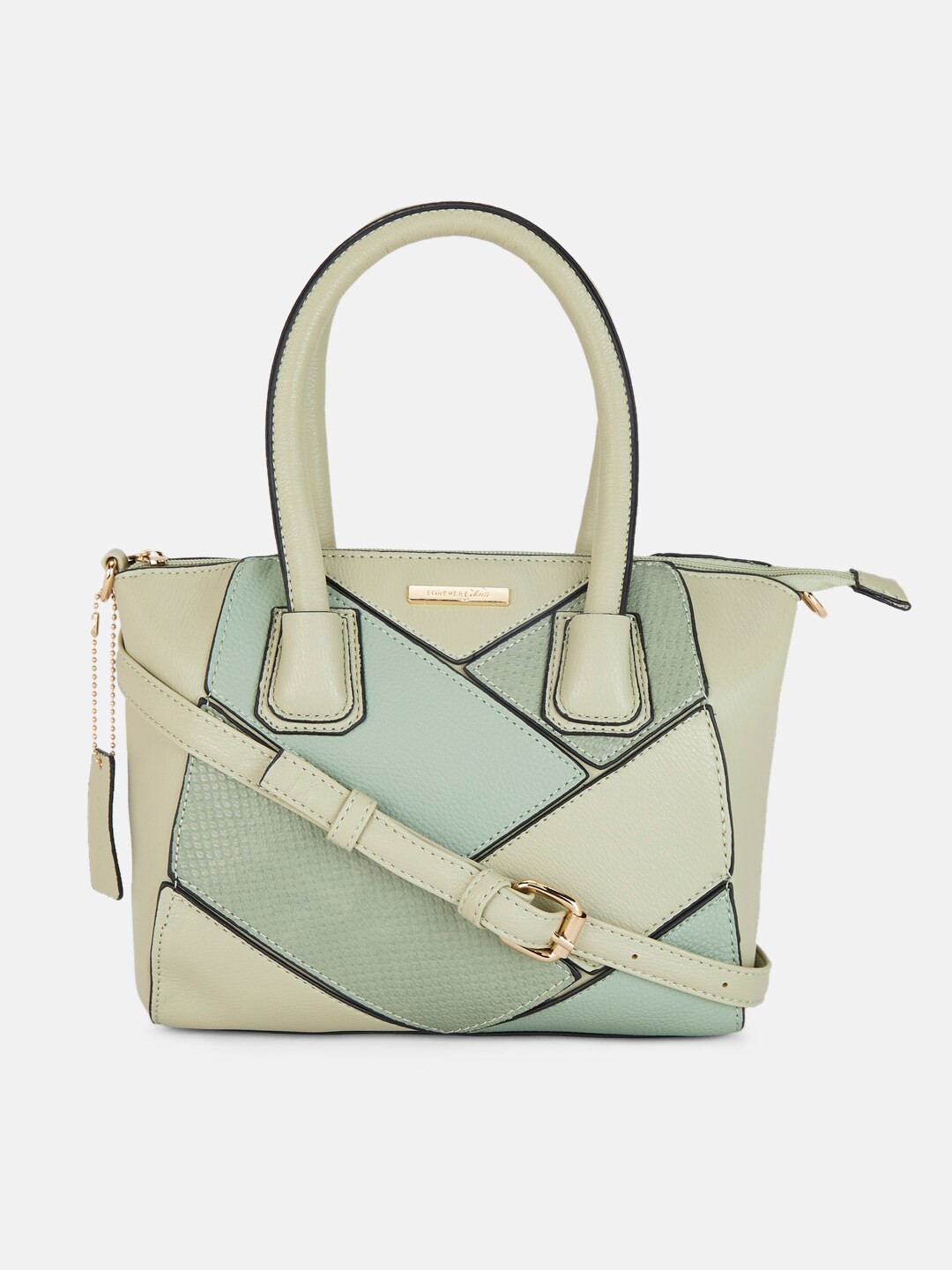 

Forever Glam by Pantaloons Green Colourblocked Leather Structured Handheld Bag