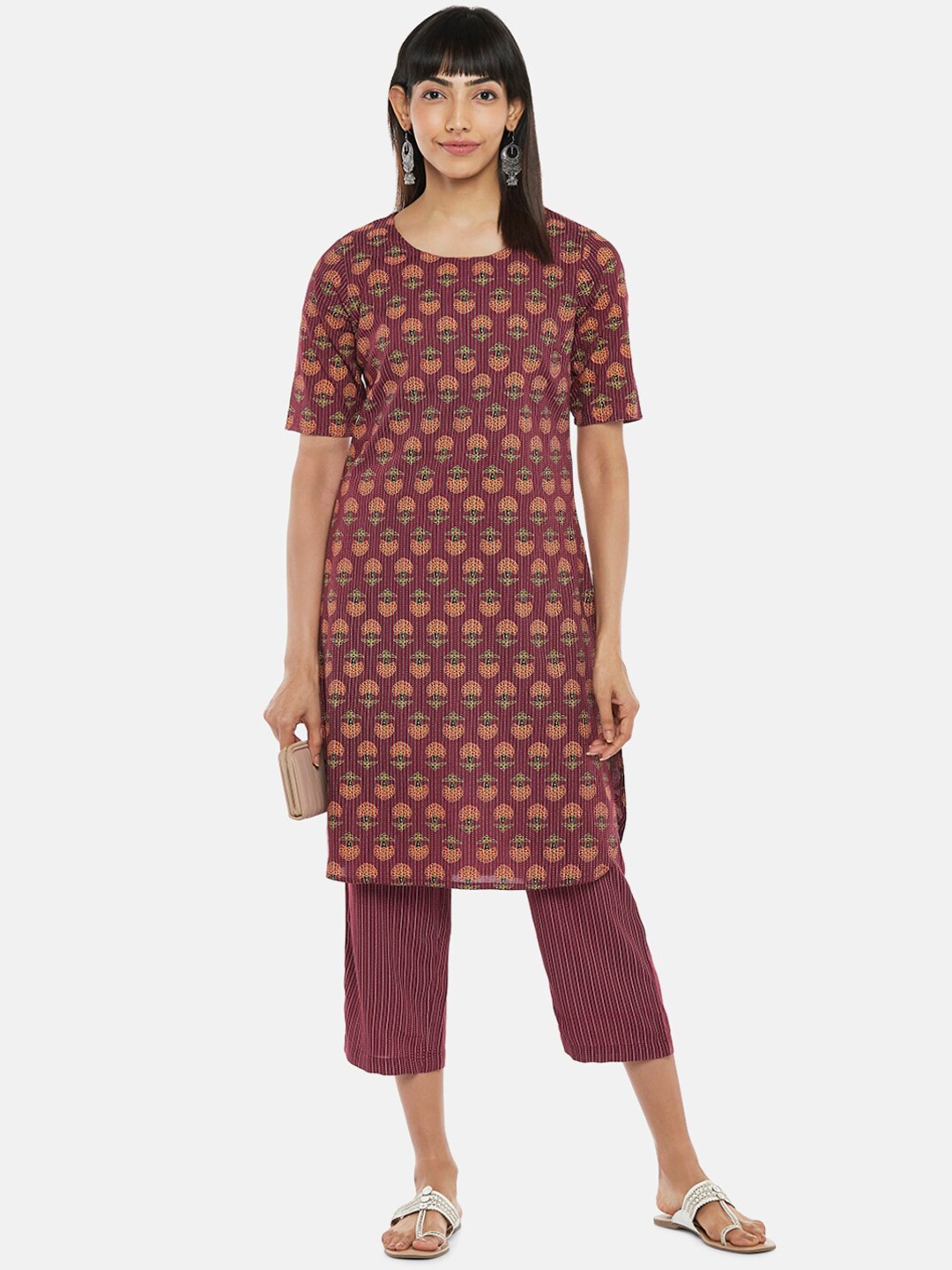 

RANGMANCH BY PANTALOONS Women Burgundy Floral Printed Kurta with Trousers