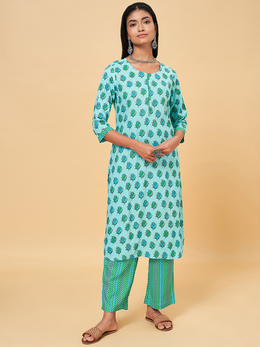 

RANGMANCH BY PANTALOONS Women Blue Printed Kurta with Trousers