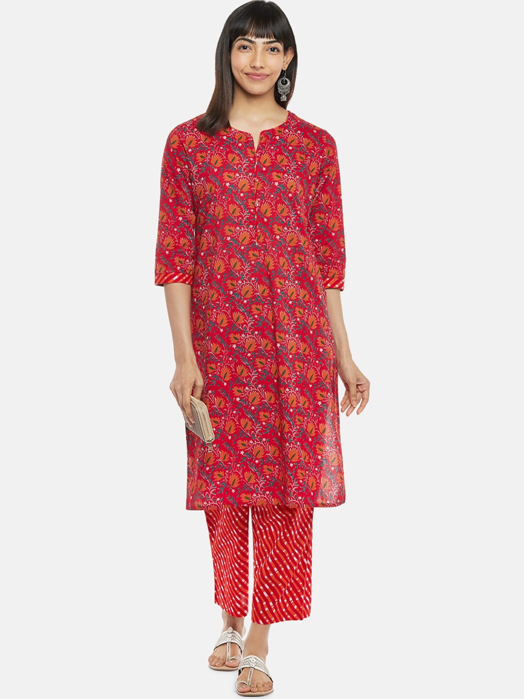 

RANGMANCH BY PANTALOONS Women Red Floral Printed Pure Cotton Kurti with Trousers