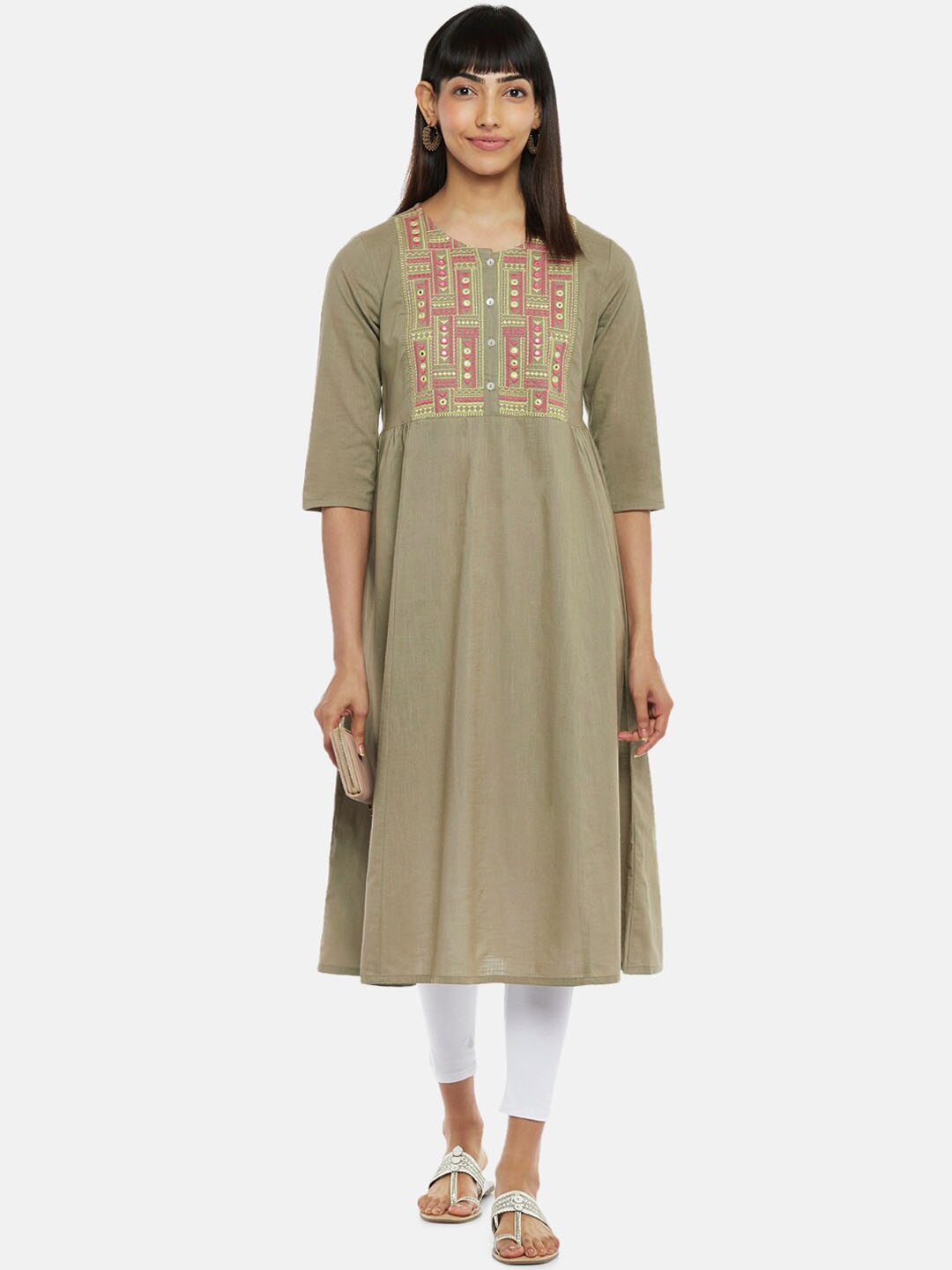 

RANGMANCH BY PANTALOONS Women Green Geometric Embroidered A-Line Kurta