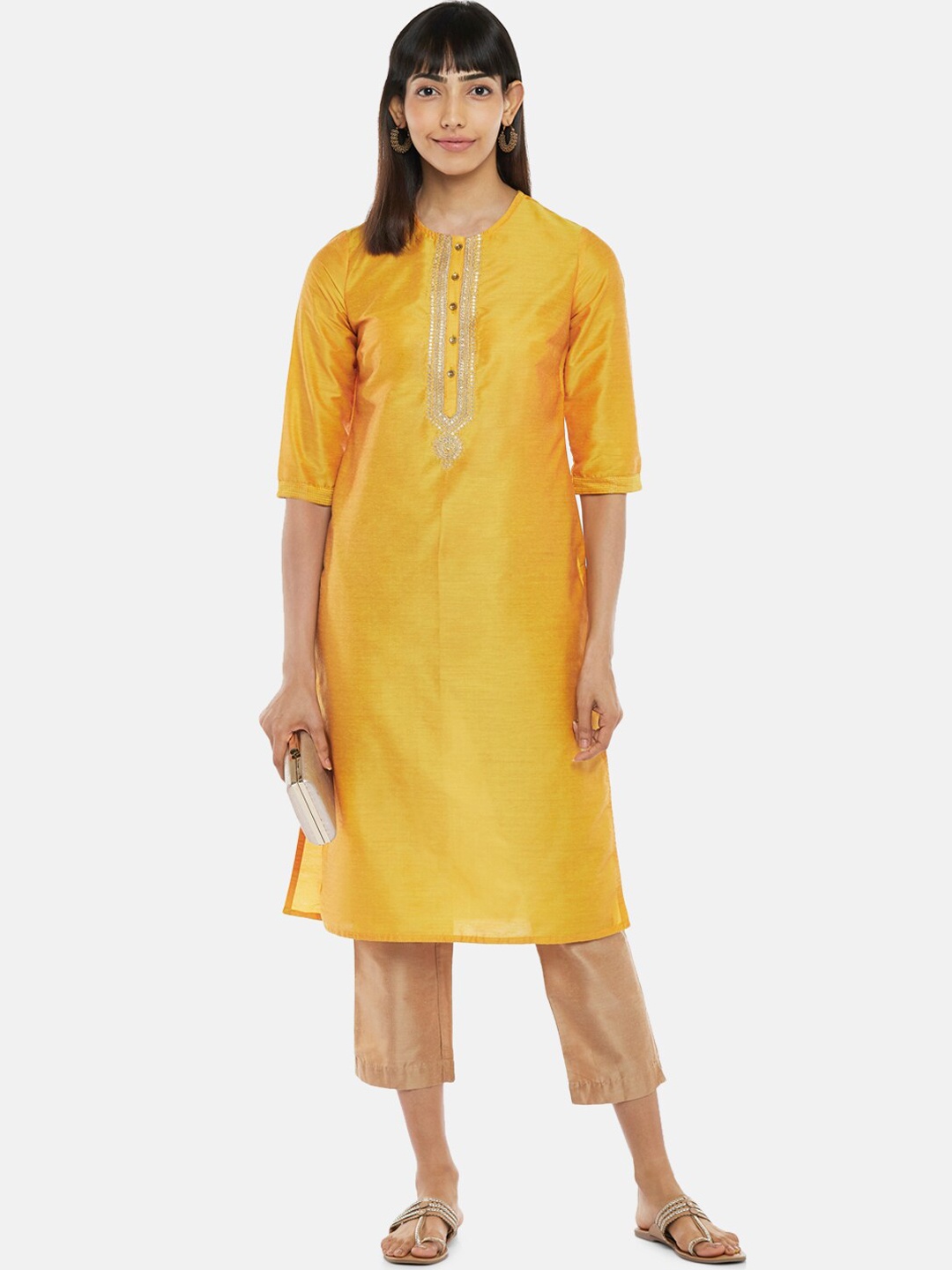 

RANGMANCH BY PANTALOONS Women Mustard Yellow Yoke Design Cotton Kurta