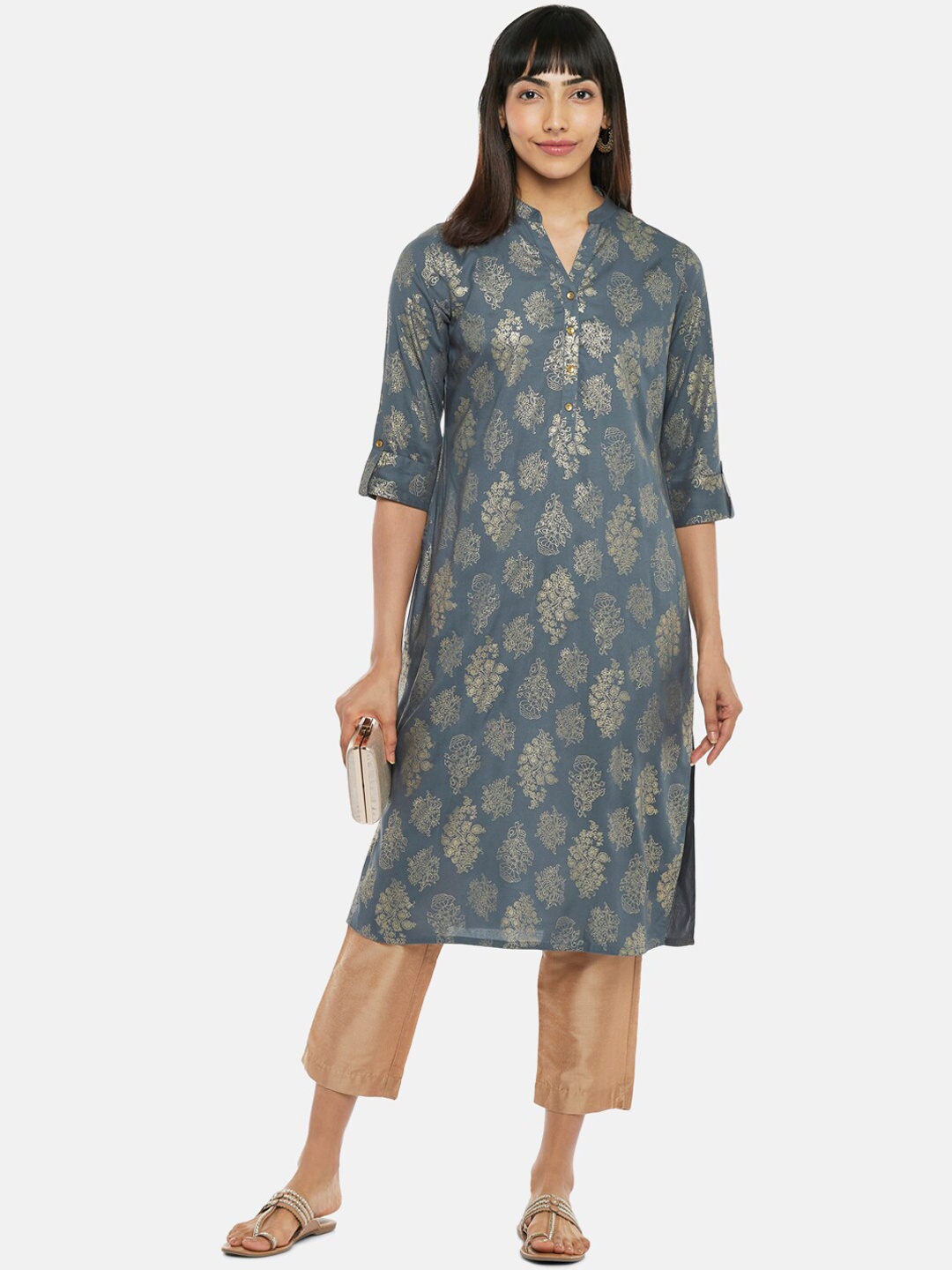

RANGMANCH BY PANTALOONS Women Grey & Gold Ethnic Motifs Printed Straight Kurta