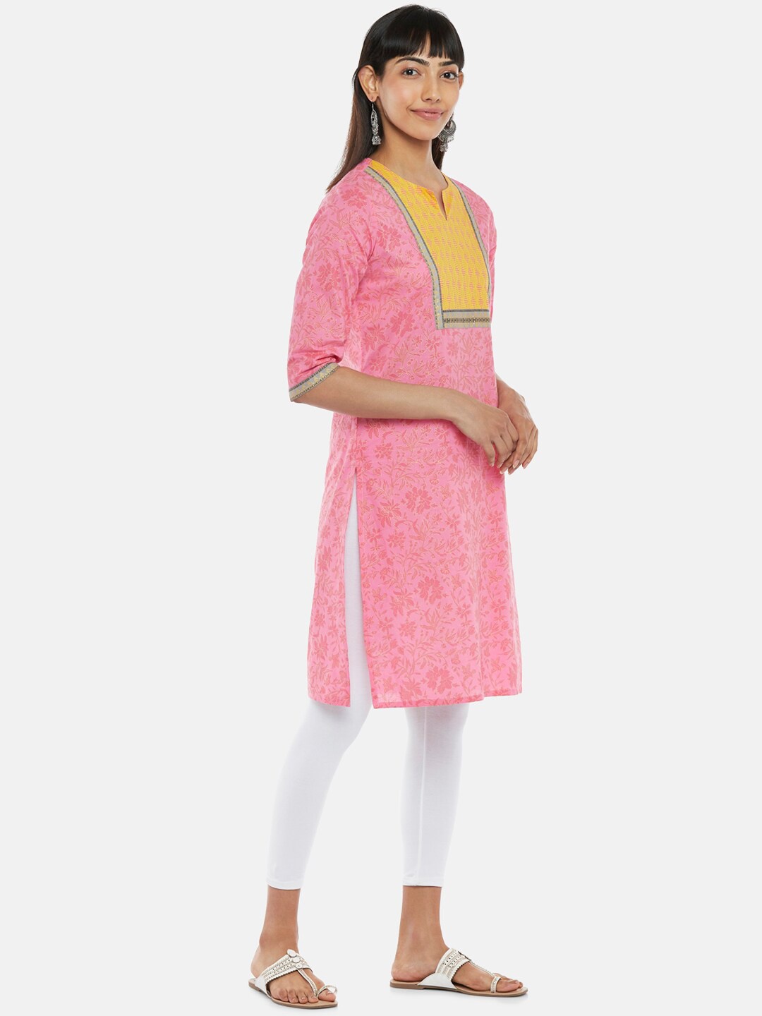 

RANGMANCH BY PANTALOONS Women Coral & Yellow Printed Yoke Design Cotton Kurta