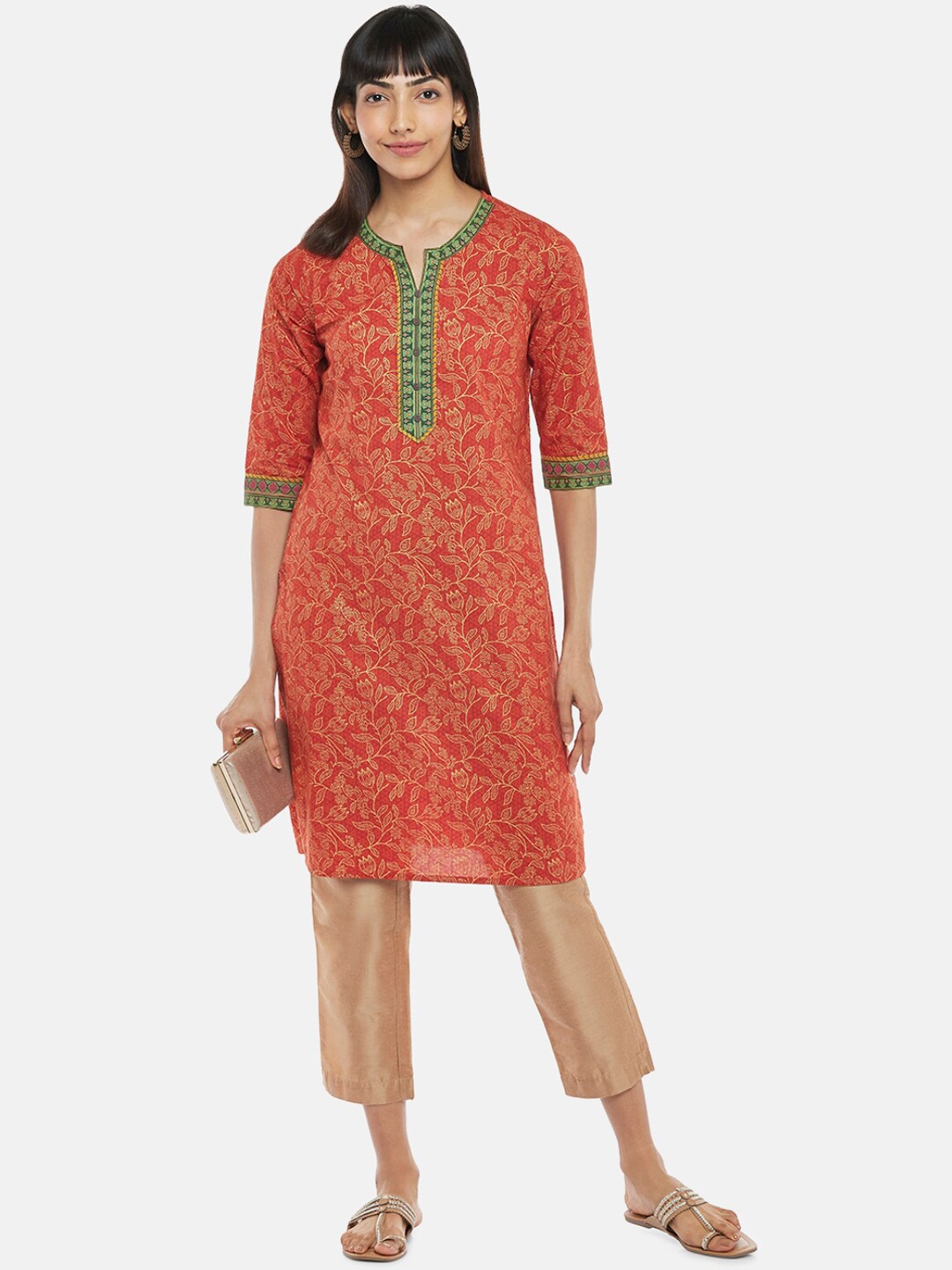 

RANGMANCH BY PANTALOONS Women Red & Green Ethnic Motifs Printed Cotton Kurta