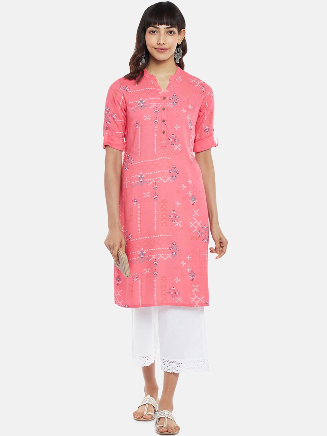 

RANGMANCH BY PANTALOONS Women Peach-Coloured Geometric Striped Thread Work Kurta