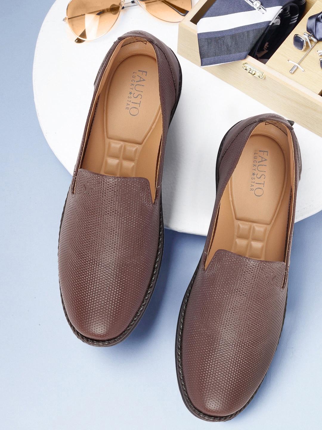 

FAUSTO Men Brown Leather Slip-On Formal Shoes