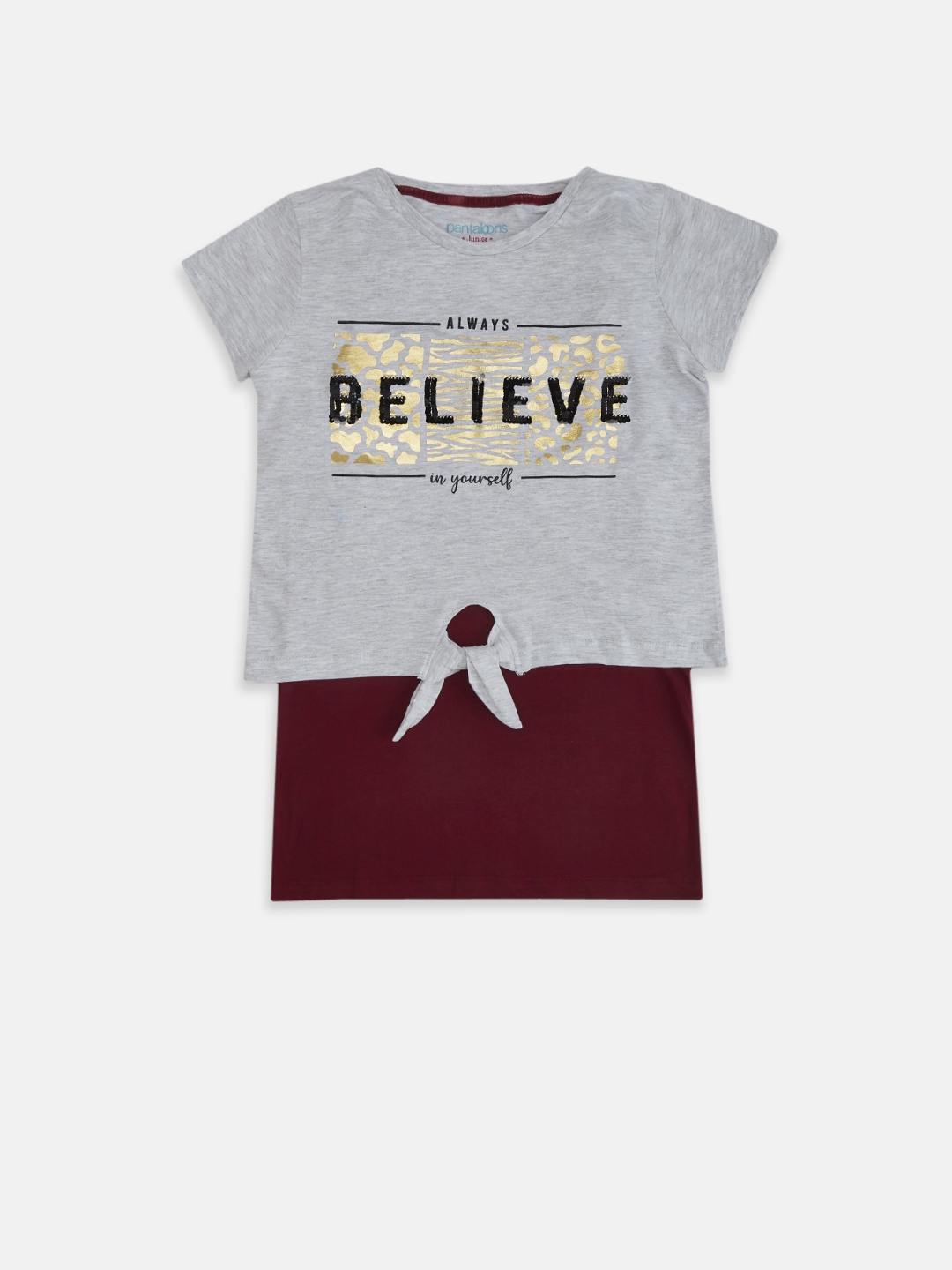 

Pantaloons Junior Girls Grey Melange Typography Printed T-shirt