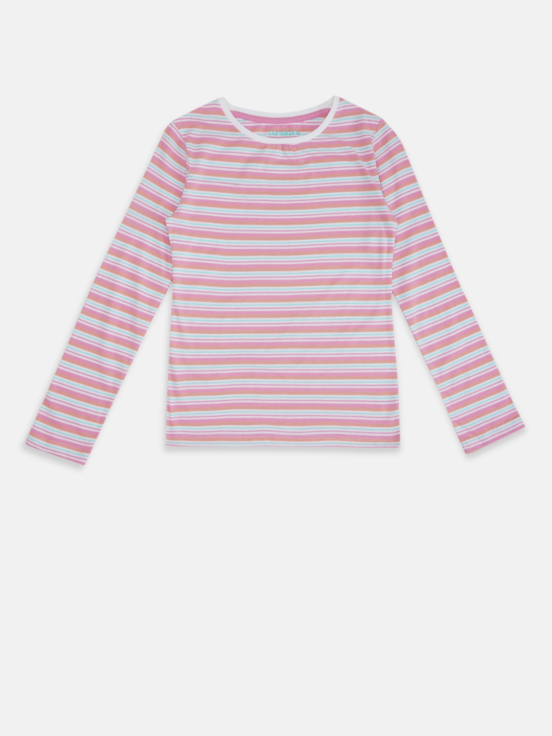 

Pantaloons Junior Girls White & Pink Striped Cotton Round Neck T-shirt