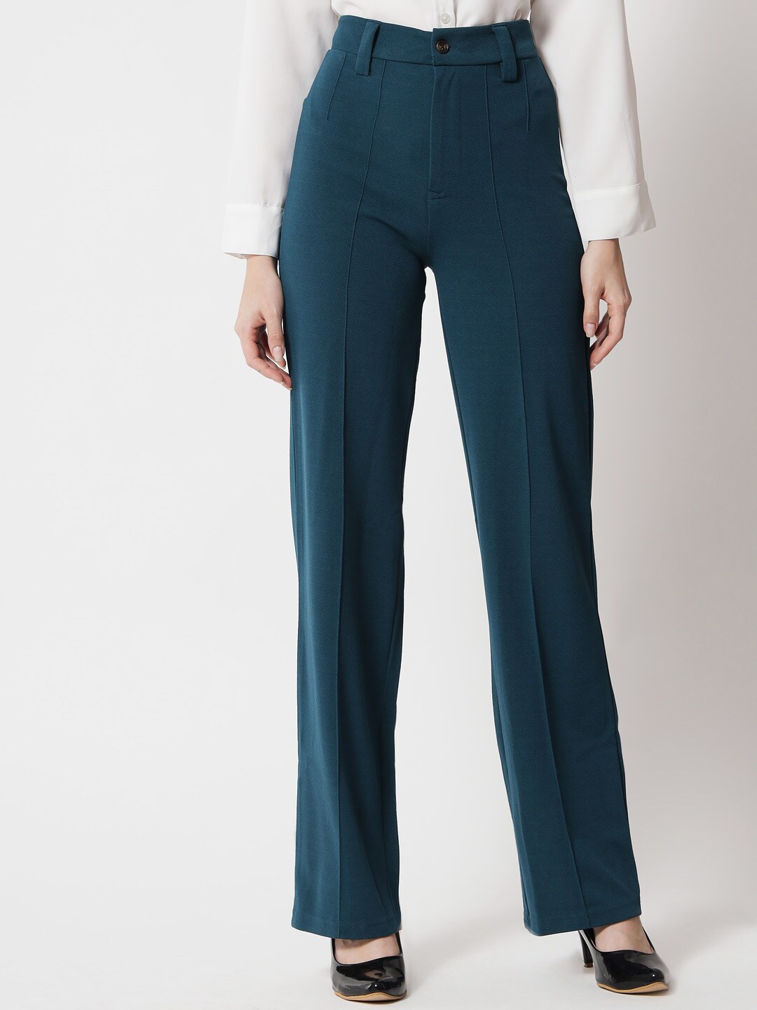 

KOTTY BIZwear Women Teal Relaxed Straight Fit High-Rise Easy Wash Trousers