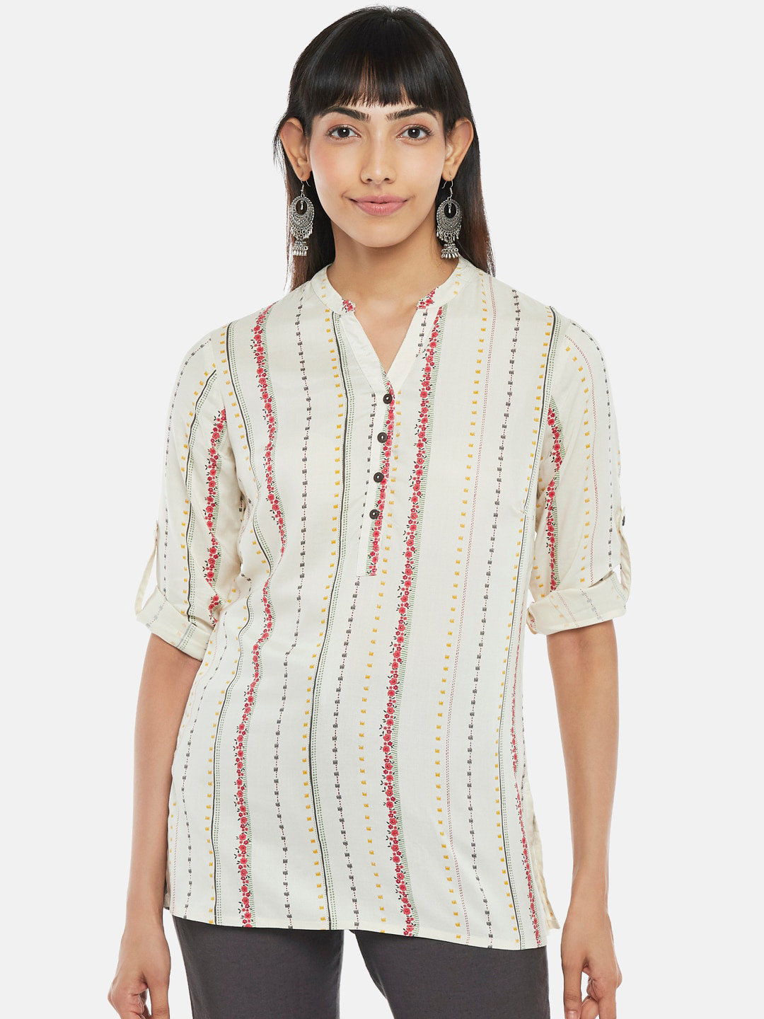 

AKKRITI BY PANTALOONS Off White & Red Shirt Collar Printed Tunic