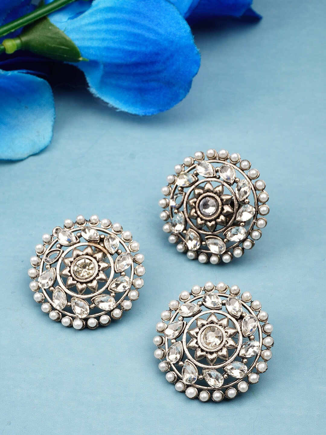 

Urmika Silver-Toned Oxidized White Stone Studded Earrings & Ring Set