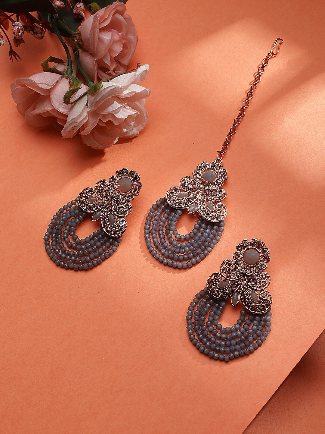 

STEORRA JEWELS Grey & Gold Plated Kundan Jewellery Set