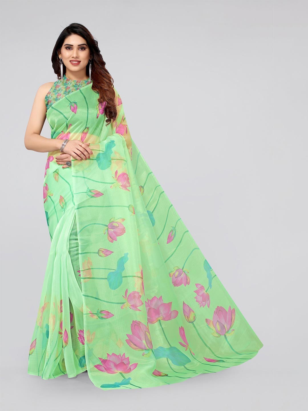 

MIRCHI FASHION Green & Pink Floral Organza Saree