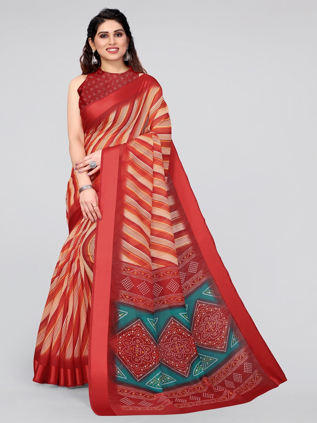 

MIRCHI FASHION Red & Orange Striped Bandhani Saree