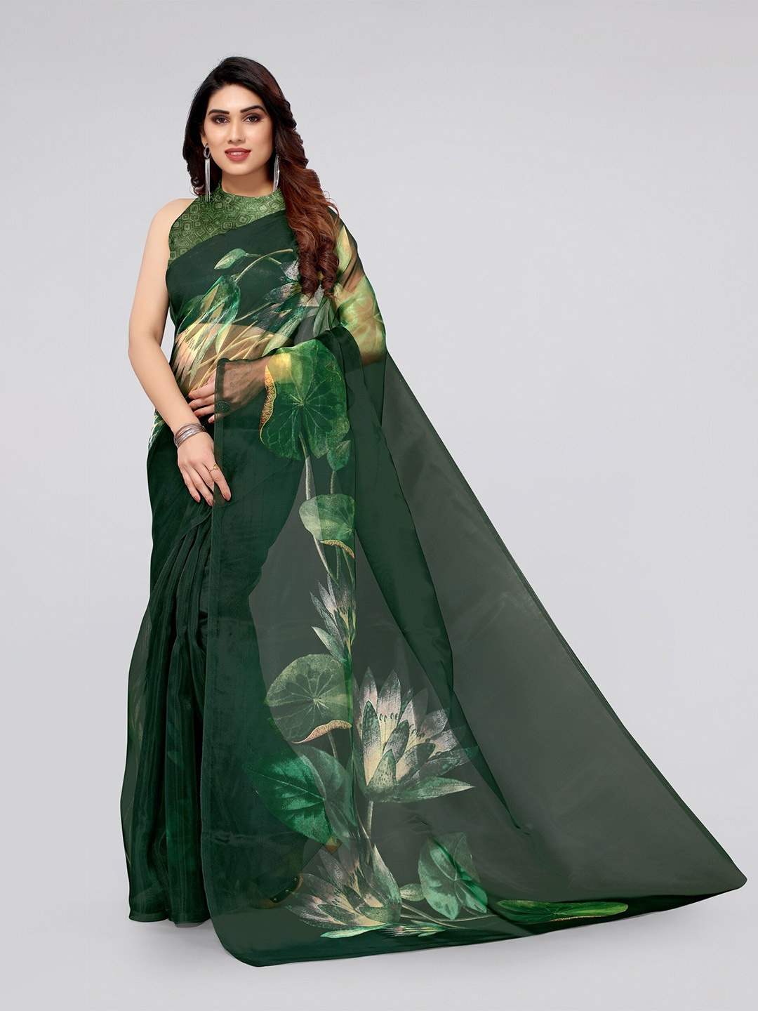 

MIRCHI FASHION Green Floral Organza Saree