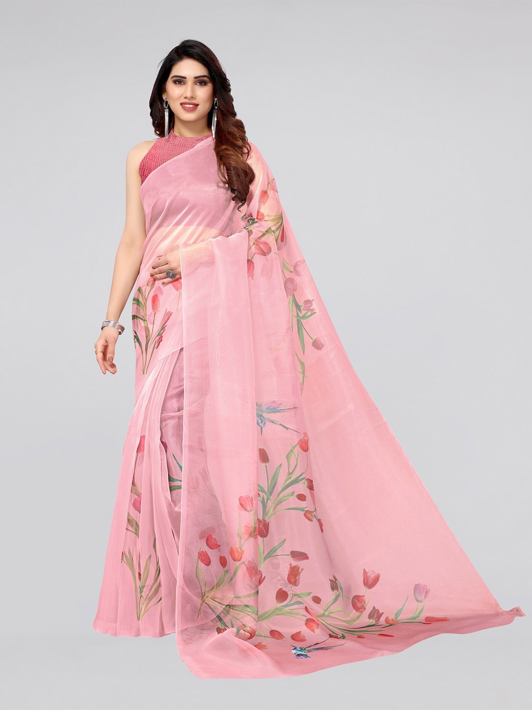 

MIRCHI FASHION Pink & Green Floral Organza Saree