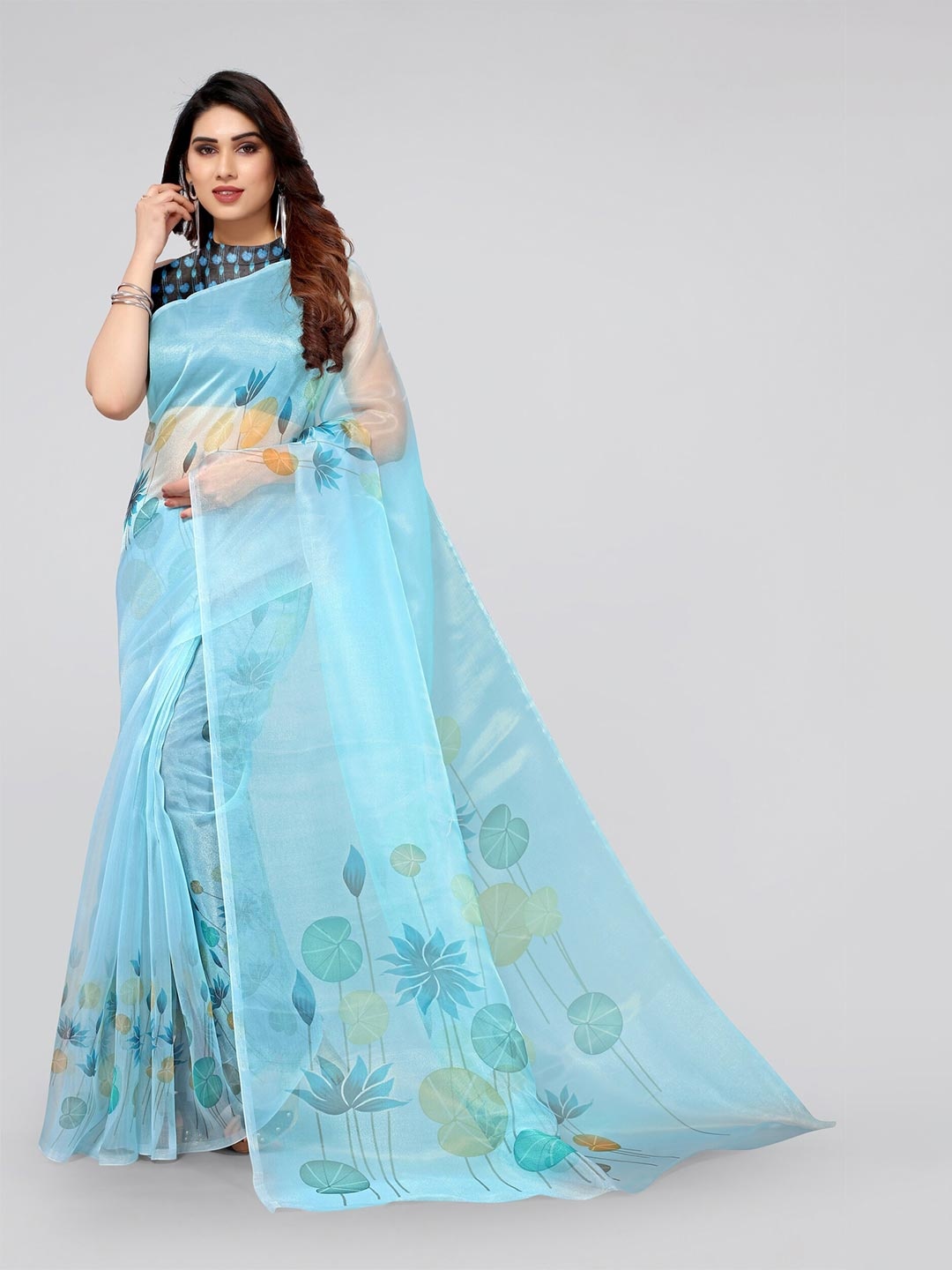 

MIRCHI FASHION Women Blue Floral Organza Saree