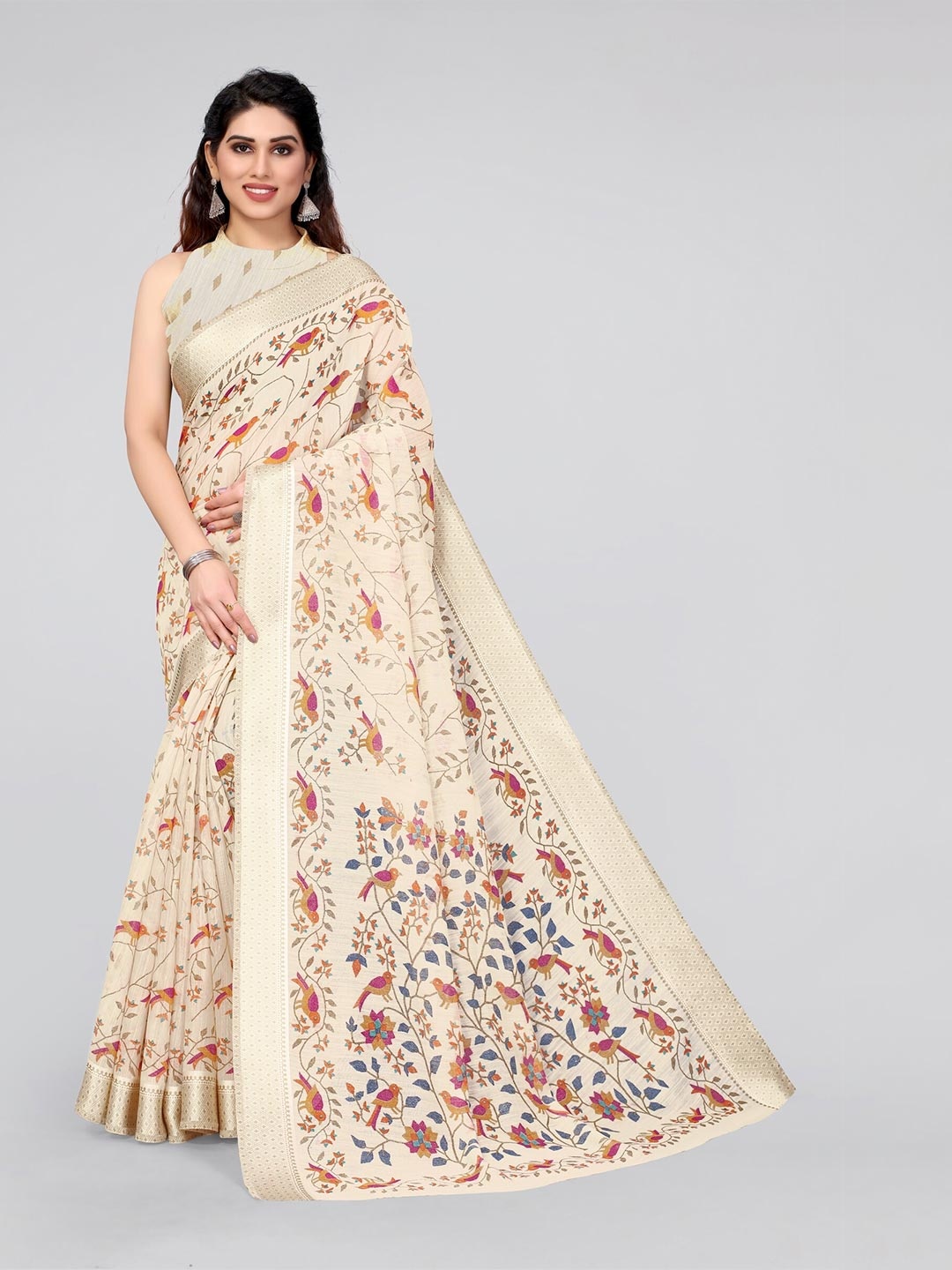 

MIRCHI FASHION Cream-Coloured & Blue Floral Saree