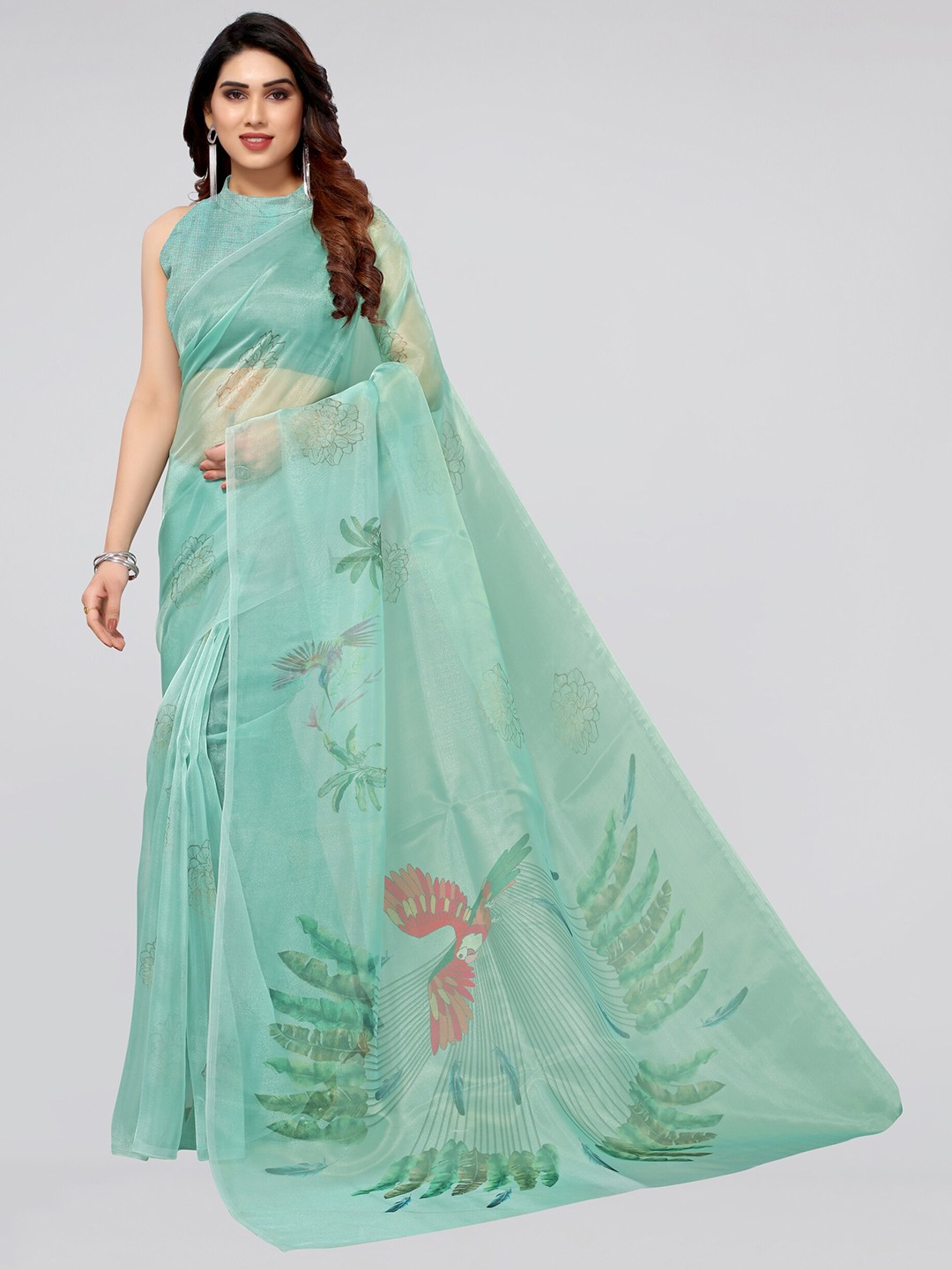 

MIRCHI FASHION Women Green & Pink Floral Organza Saree