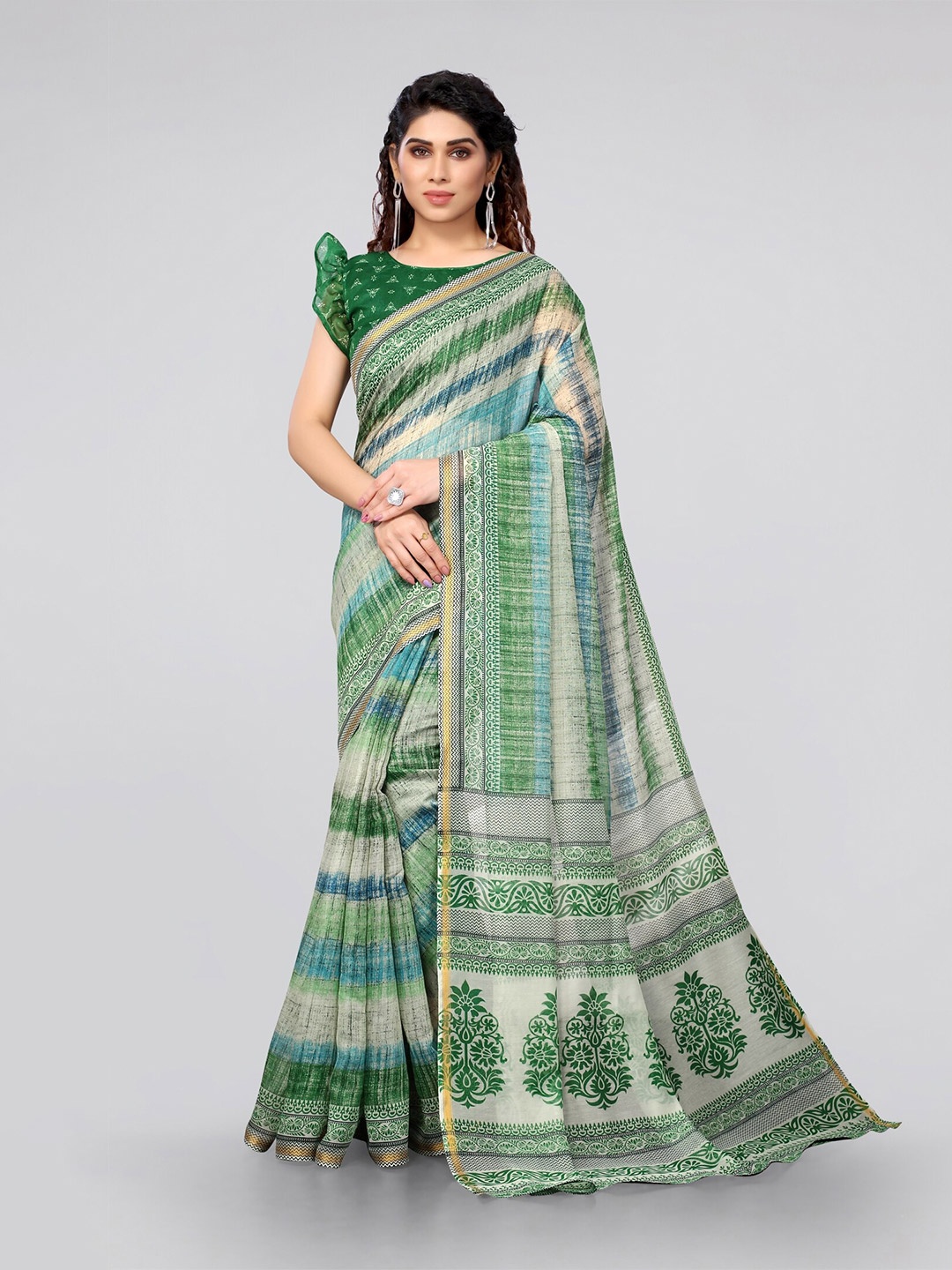 

MIRCHI FASHION Green & White Ethnic Motifs Zari Saree