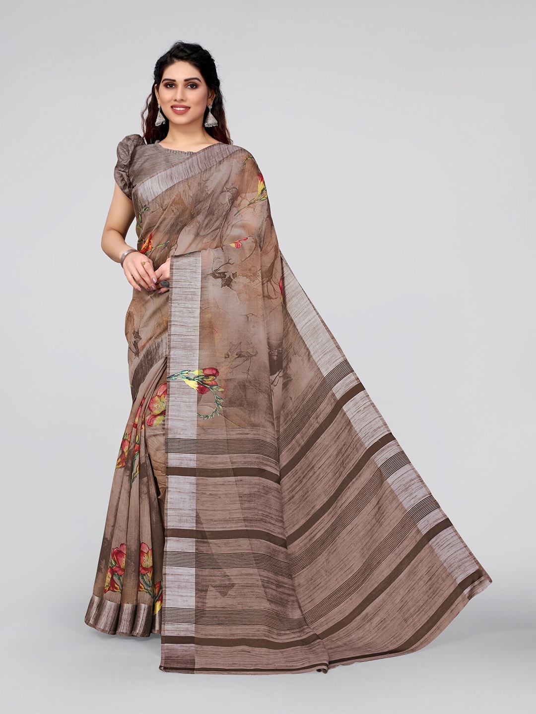 

MIRCHI FASHION Brown & Grey Floral Saree