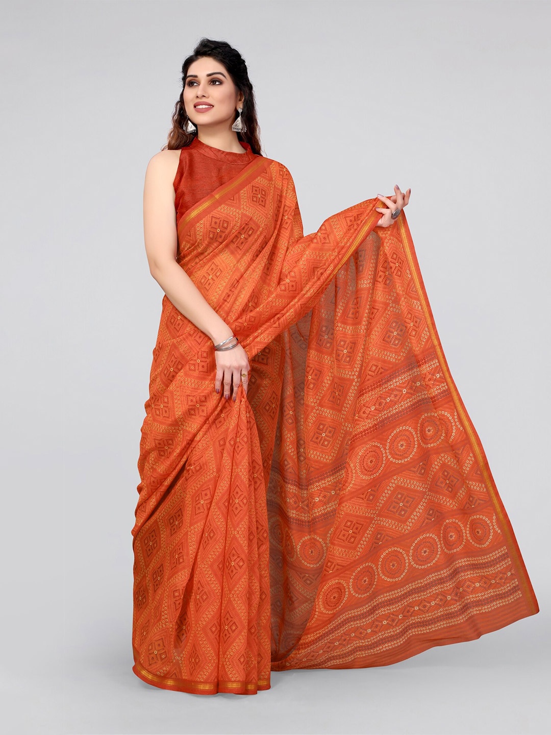 

MIRCHI FASHION Orange & Off White Bandhani Zari Bandhani Saree