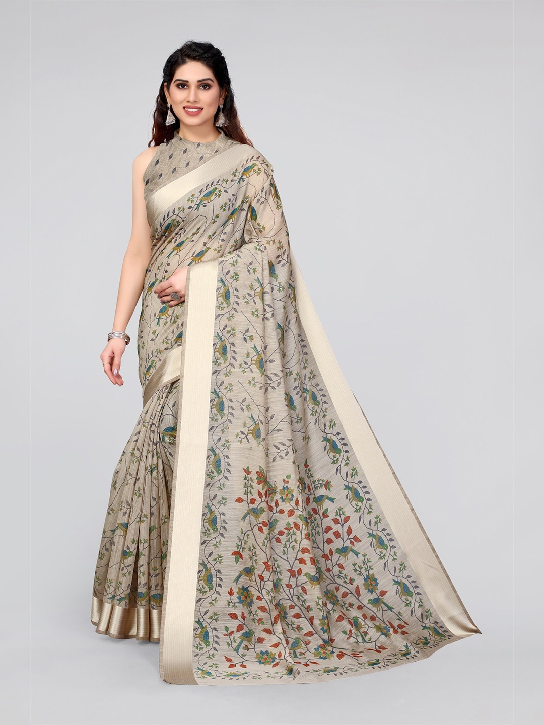

MIRCHI FASHION Khaki & Green Printed Cotton Blend Saree