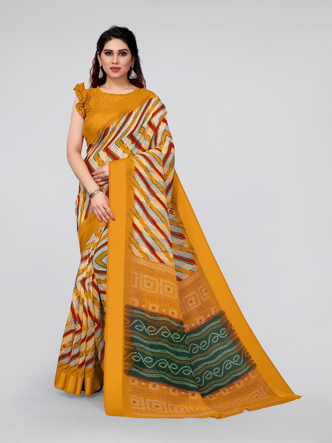 

MIRCHI FASHION Mustard & Green Bandhani Saree