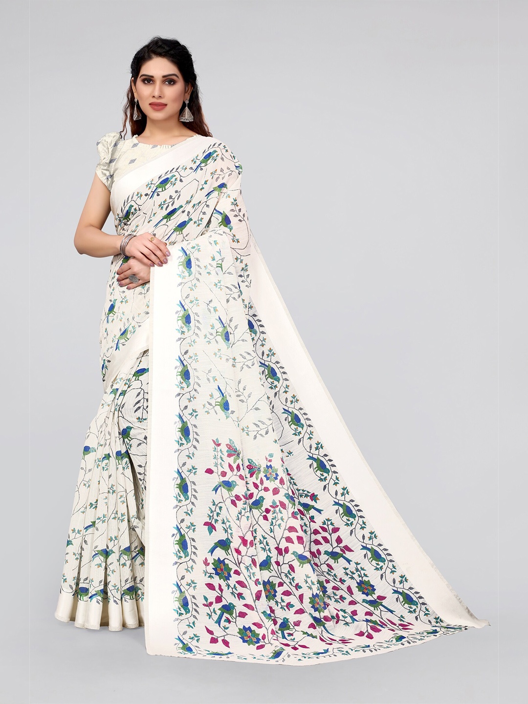 

MIRCHI FASHION White & Blue Floral Cotton Blend Saree