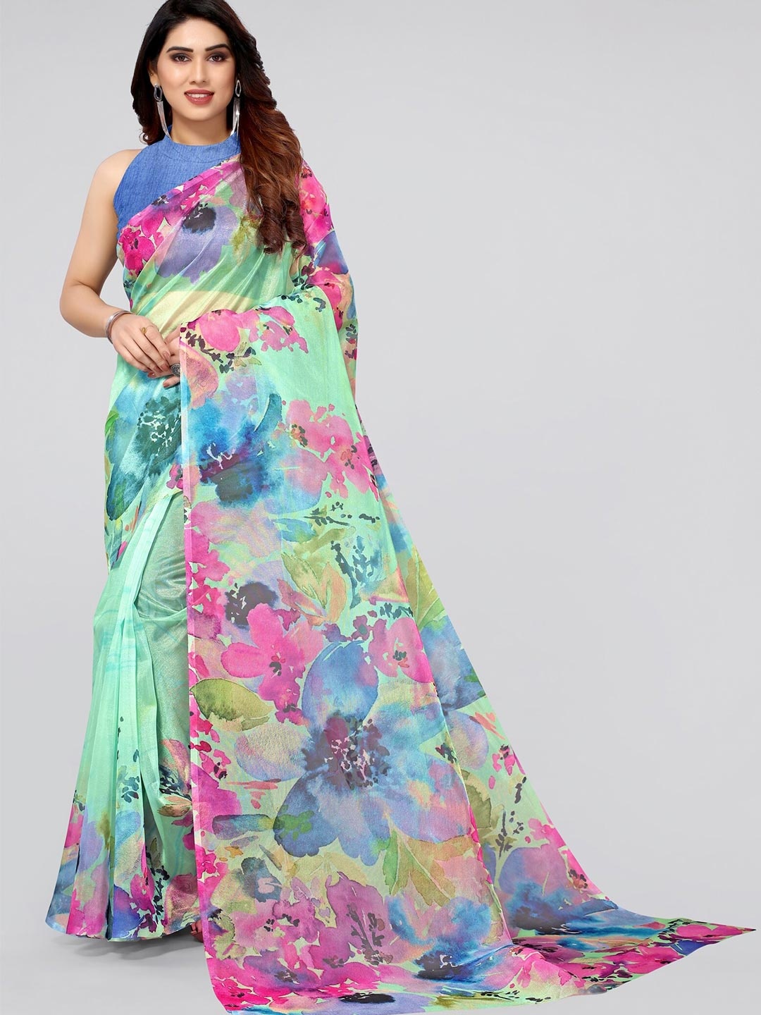 

MIRCHI FASHION Sea Green & Pink Floral Organza Saree
