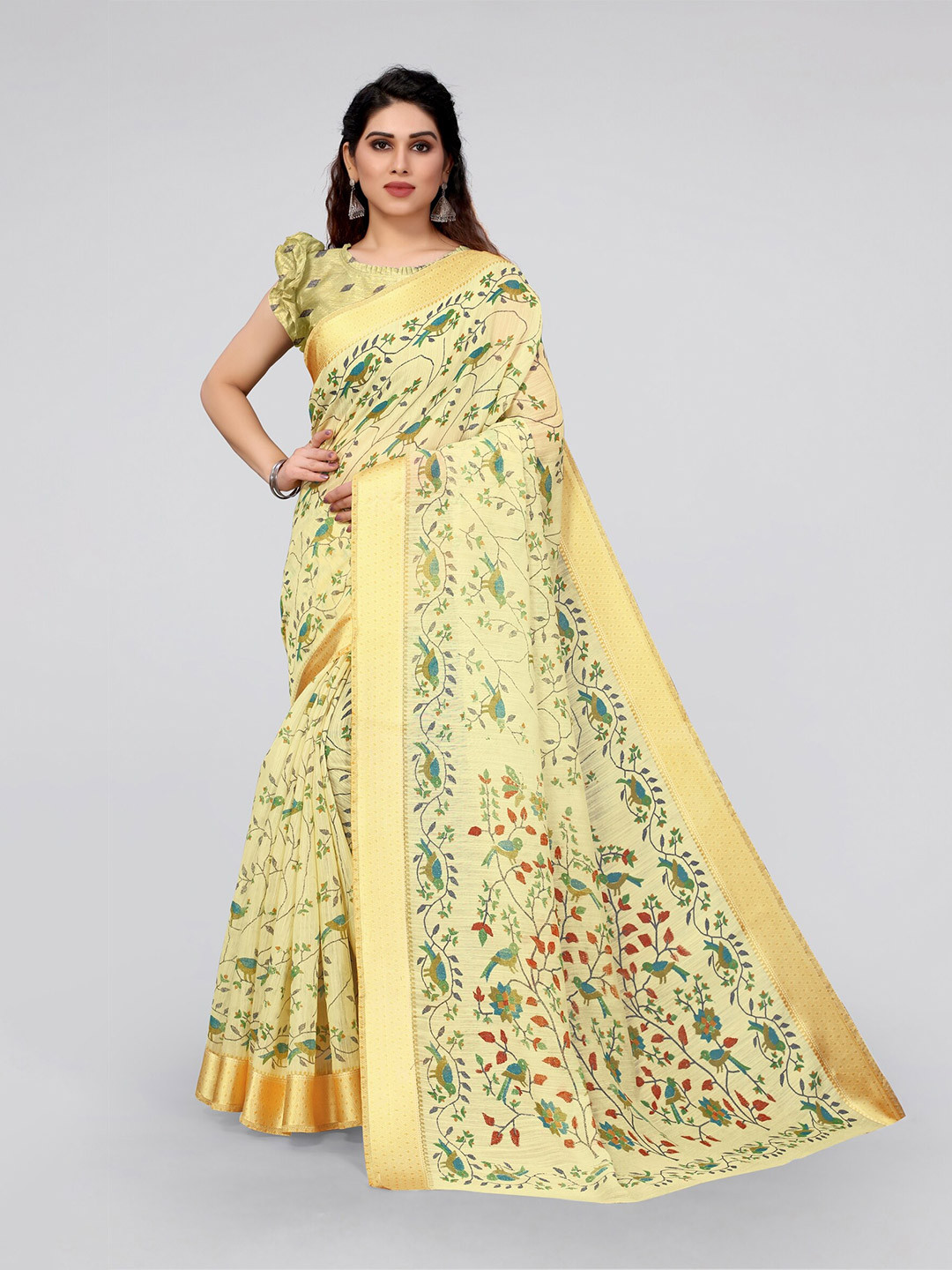 

MIRCHI FASHION Yellow Floral Printed Saree