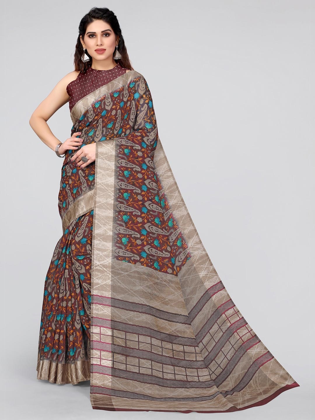 

MIRCHI FASHION Maroon & Blue Paisley Cotton Blend Saree