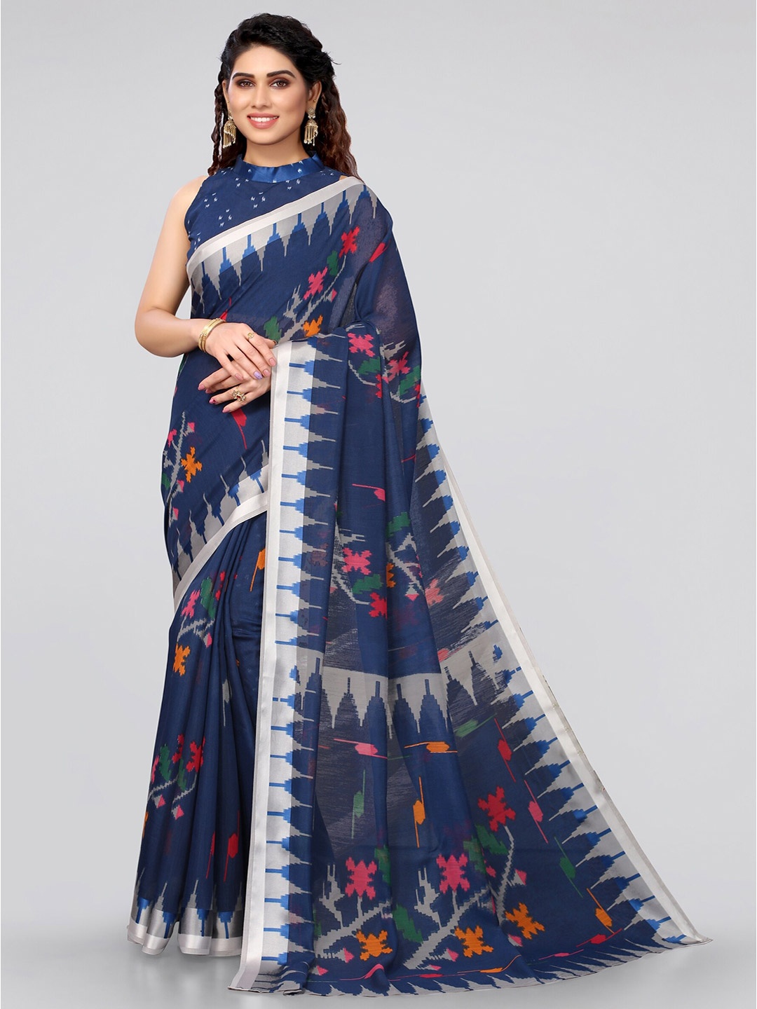 

MIRCHI FASHION Navy Blue & White Cotton Blend Saree