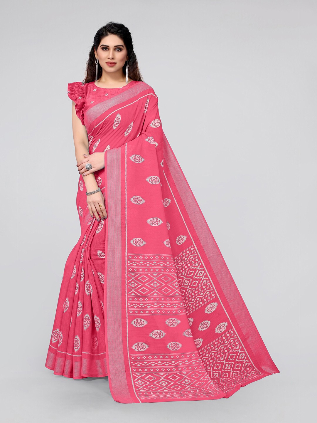 

MIRCHI FASHION Pink & White Ethnic Motifs Kantha Work Ikat Saree