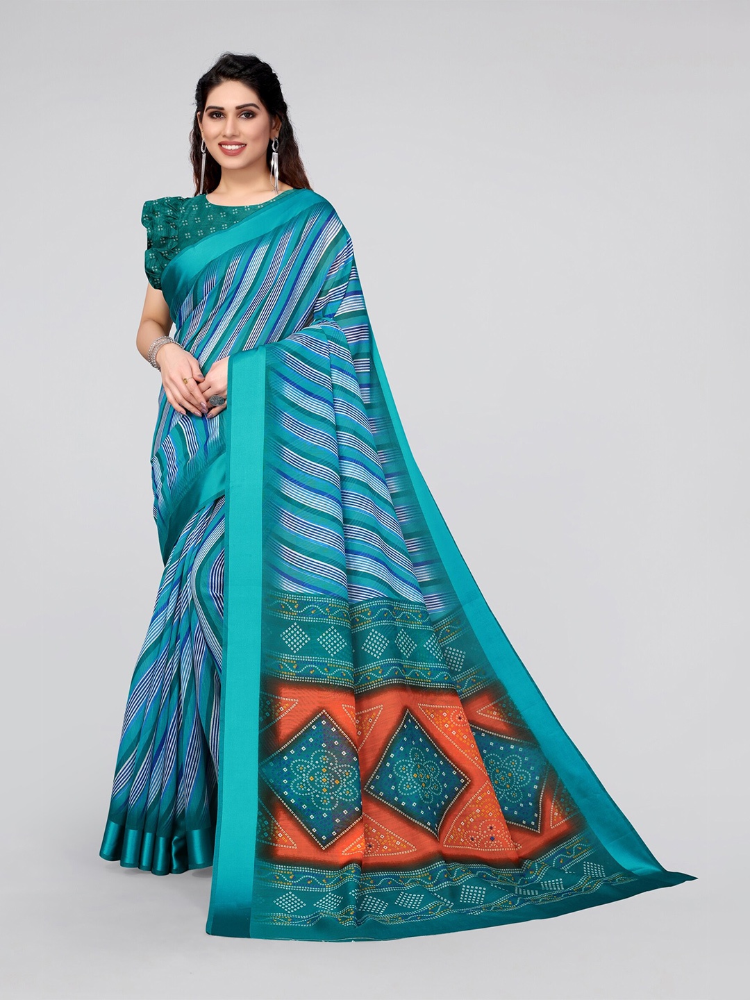 

MIRCHI FASHION Women Sea Green & Orange Cotton Blend Bandhani Saree