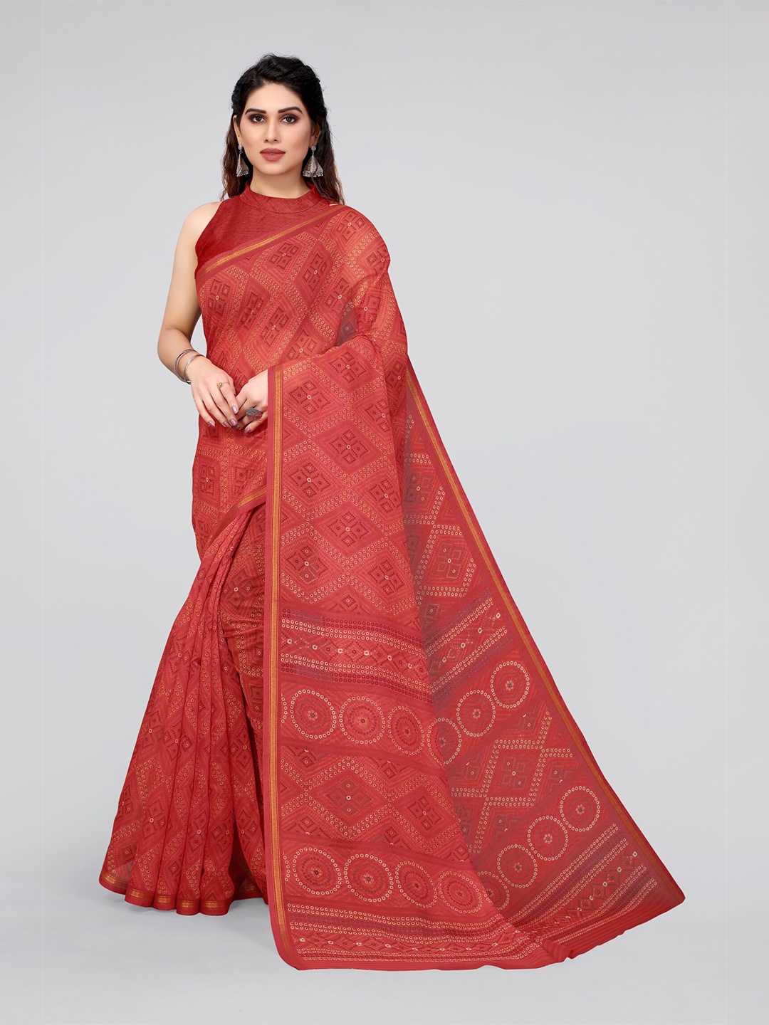 

MIRCHI FASHION Red Bandhani Zari Bandhani Saree