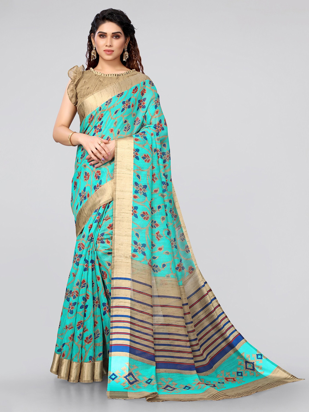 

MIRCHI FASHION Sea Green & Beige Floral Cotton Blend Saree