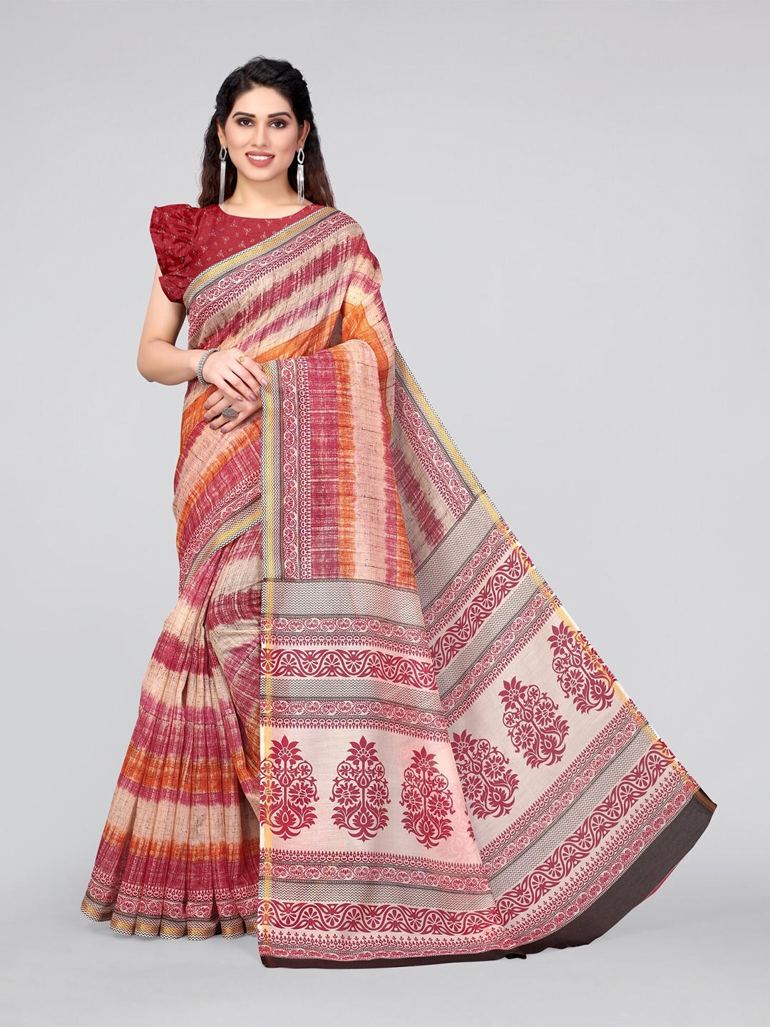

MIRCHI FASHION Red & Orange Ethnic Motifs Zari Saree