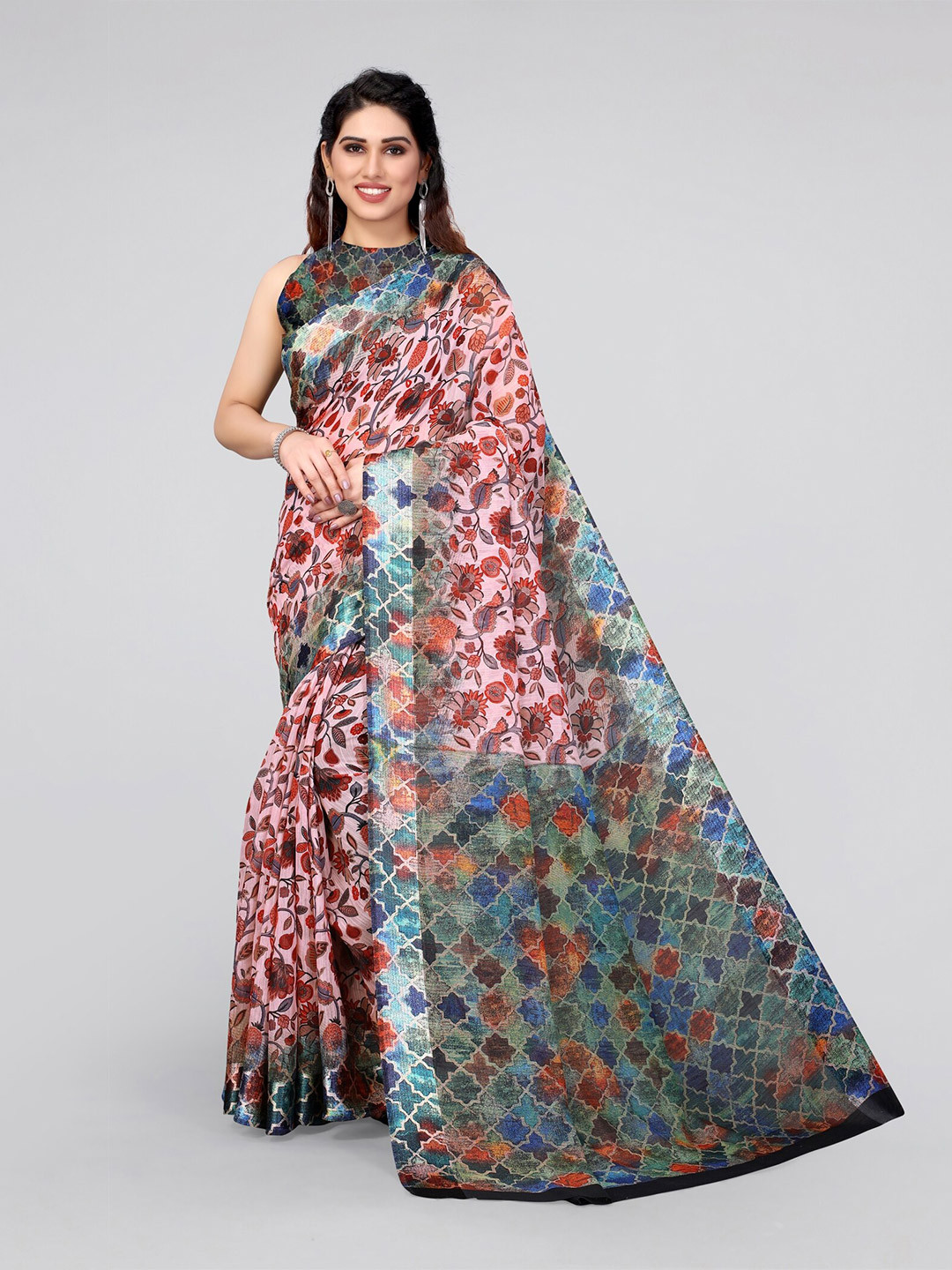 

MIRCHI FASHION Pink & Blue Floral Bagh Saree