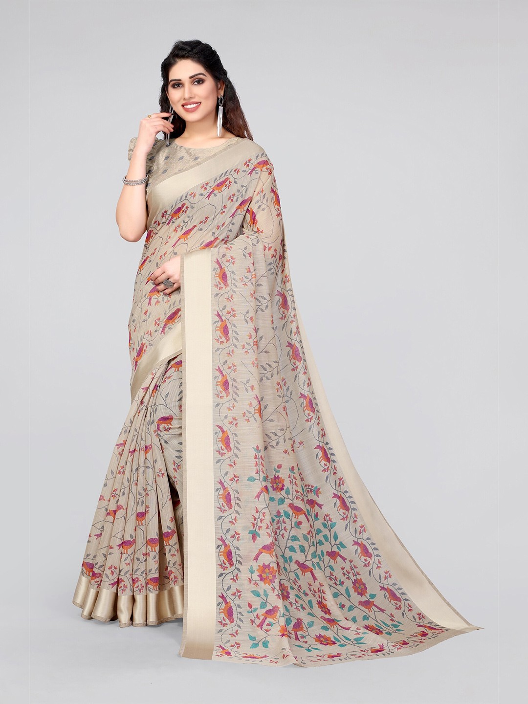

MIRCHI FASHION Cream-Coloured & Purple Floral Cotton Blend Saree