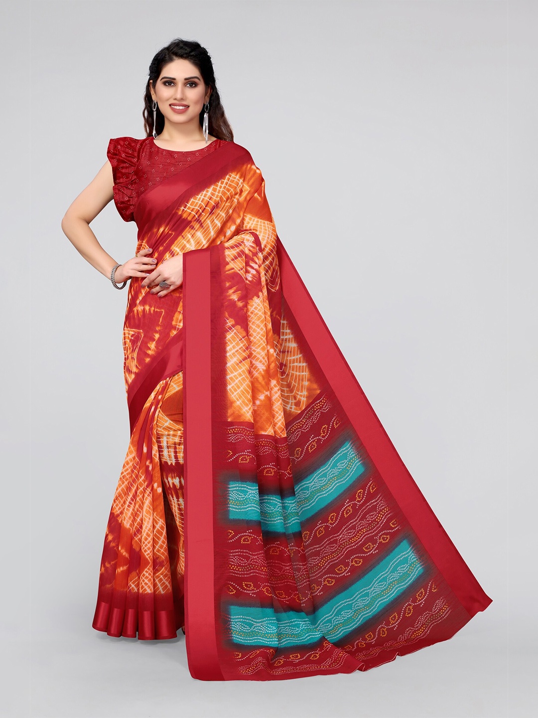 

MIRCHI FASHION Orange & Blue Bandhani Saree