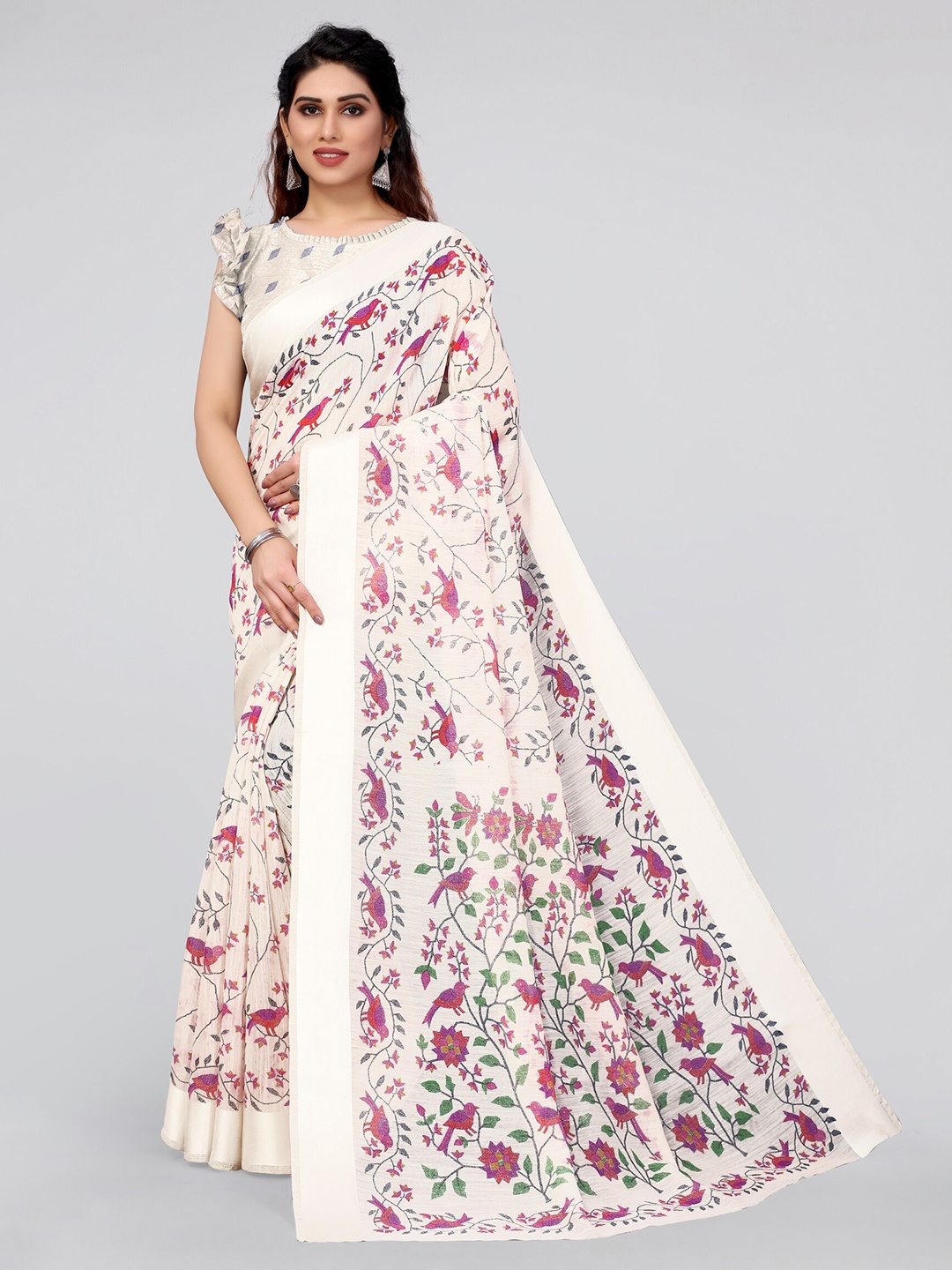 

MIRCHI FASHION Off White & Pink Floral Cotton Blend Saree