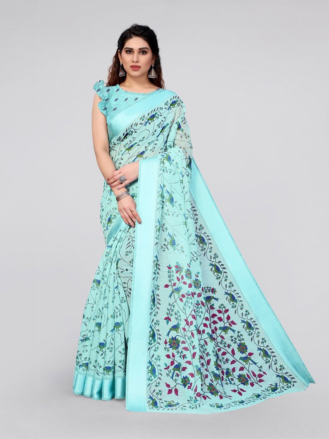 

MIRCHI FASHION Turquoise Blue & Green Floral Saree