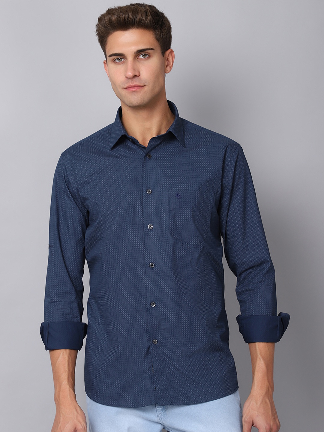 

Cantabil Men Navy Blue Cotton Casual Shirt