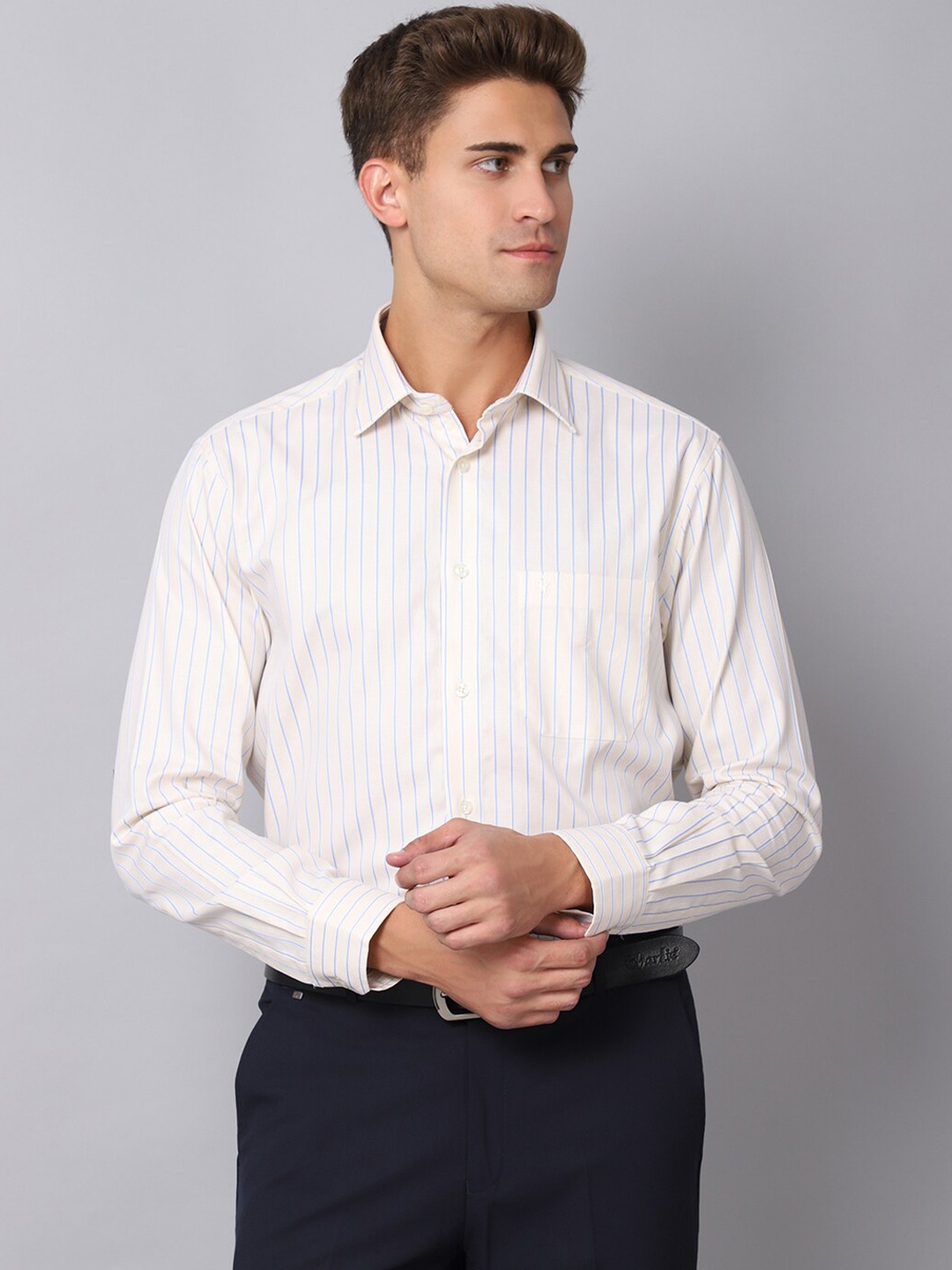 

Cantabil Men Yellow Striped Formal Shirt