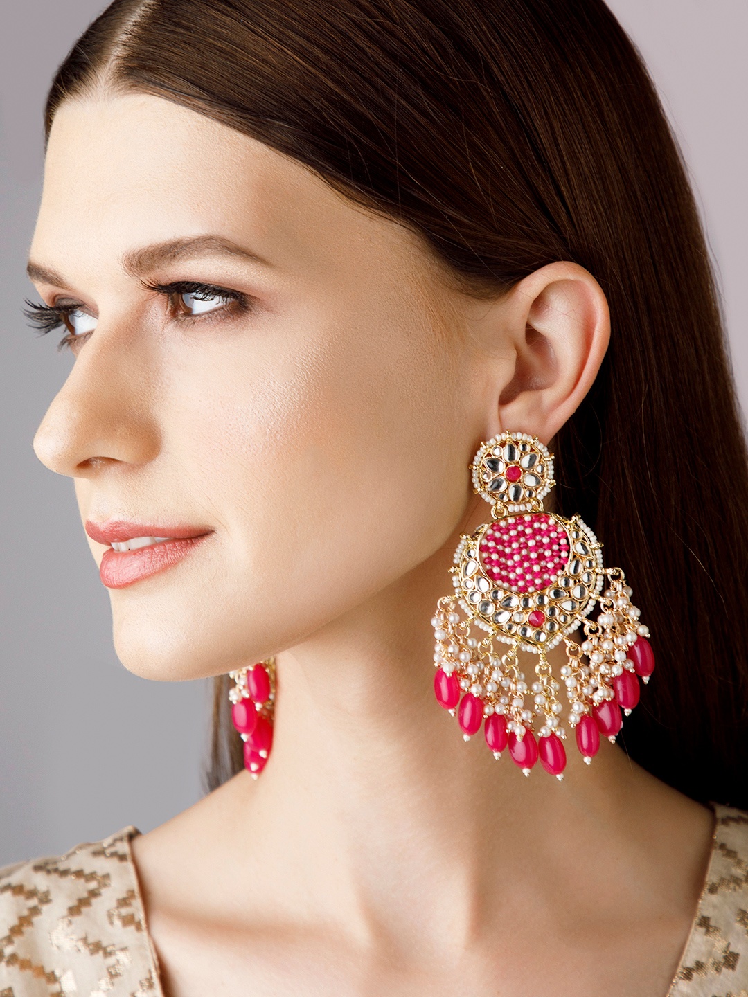 

Rubans 18K Gold Plated Handcrafted Kundan & Beaded Chandelier with Red and Pearl Accents, Pink
