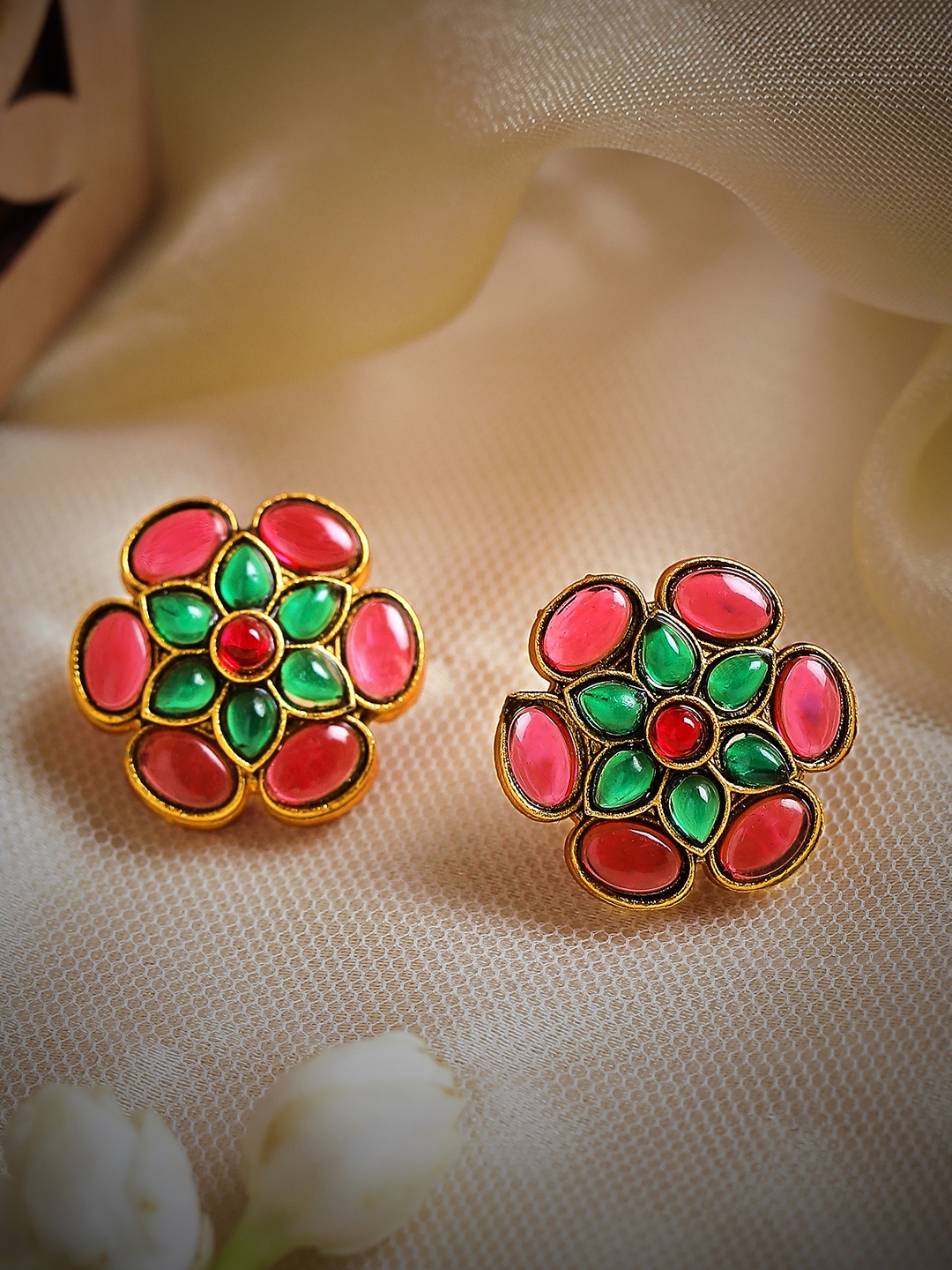 

Rubans Gold-Toned & Green Gold-Plated Floral Studs Earrings