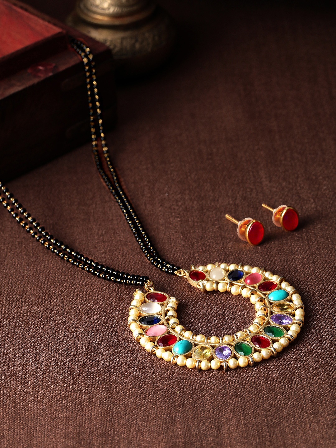 

Rubans Gold-Plated Red Stone Studded Mangalsutra With Earrings